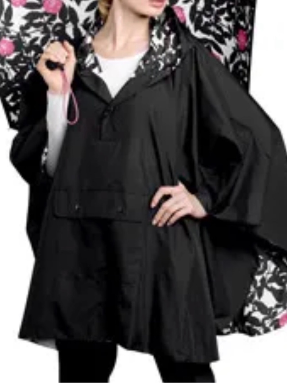 Marimekko Women's Black Hooded Rain Cape/Ponch with Unikko Poppy Design lining
